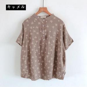 ガーゼ シャツ レディース 半袖 スタンドカラ...の詳細画像5
