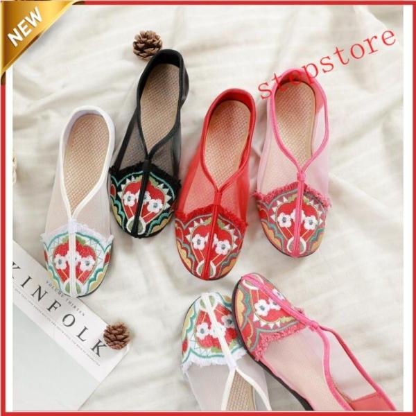 刺繍スリーパー　サンダル　パンプスチャイナシューズ レディースローファー中華シューズ フラットシュー...