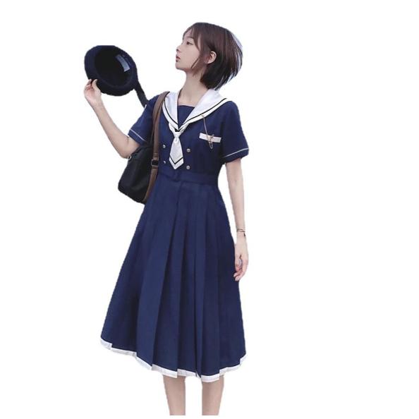 レディース 少女 ワンピース メイド服  半袖 セーラー風 ロング丈スカート ロリータ風  着痩せ ...