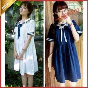夏物 半袖ワンピース学生服セーラー襟セーラーワンピ森ガール系スイートロング丈シャツワンピ フレアワンピ リボン付き 学園風