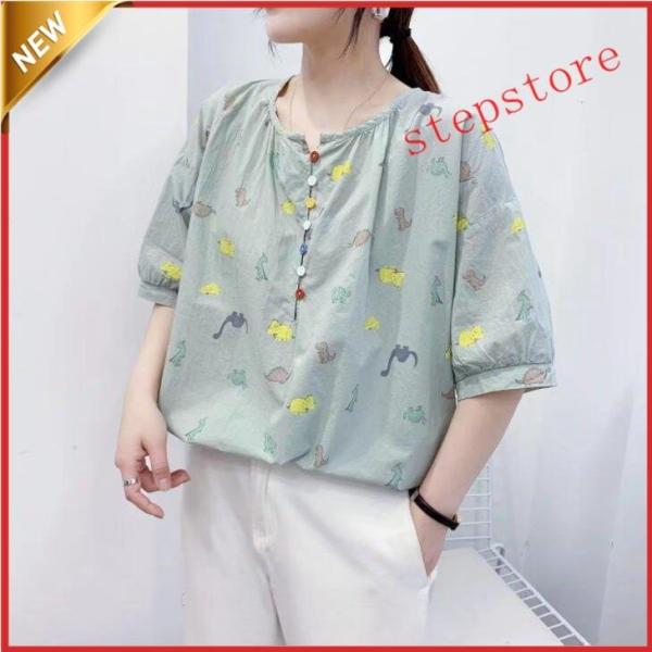 【大特価】シャツブラウスレディース　5分丈袖綿麻シャツ ３色学園風 レディースＴシャツ森ガール風シャ...