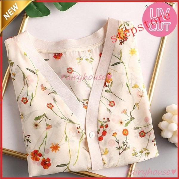 uvカットカーディガン レディース 春夏 薄手シャツ 花柄Vネックカーディガン 七分袖ガウン 紫外線...