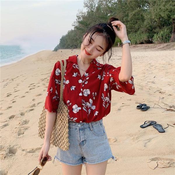 【大特価】アロハシャツ レディース トップス レッド オープンカラー 開襟シャツ 花柄 半袖 ゆった...