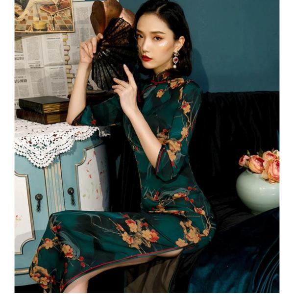 タイムチャイナ服 ロングチャイナドレス 中華服 シルクドレス 五分袖 秋冬 華流 コスプレ衣装 演奏...