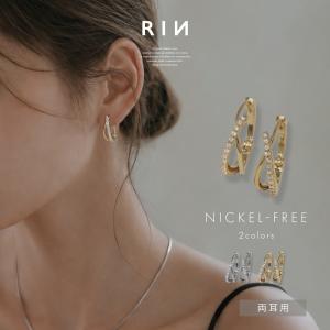 ピアス フープ レディース 18kコーティング 18金 ワンタッチリング 華奢 キラキラ ジュエル 『両耳用・2個セット』