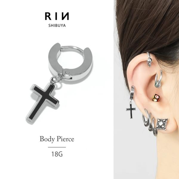 ピアス クロス フープ メンズ かっこいい 十字架 揺れる キャッチレス リング 片耳用 金属アレル...