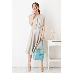 ワンピース レディース (SALE50)(メール便 送料無料12)(S〜LL)麻調合繊キーネック ミモレ丈 折り返し フレンチ袖 ワンピース (ウエストゴム)(エコ包装)(op)(dm)