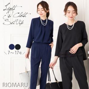 (SALE50)ライトダブルクロスウォッシャブルセットアップ(ブラウス＆パンツ)(バンドカラー/Vネック)(エコ包装)(st)(hw)｜RIOMARU(リオマル)