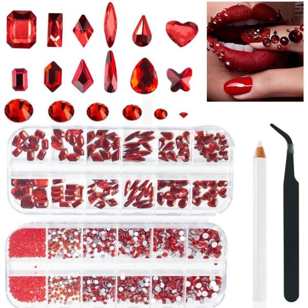 2680ピース ネイルパーツ 赤，3D赤いガラス水晶爪に赤いネイルビーズ付き,DIY ネイル/顔飾り...