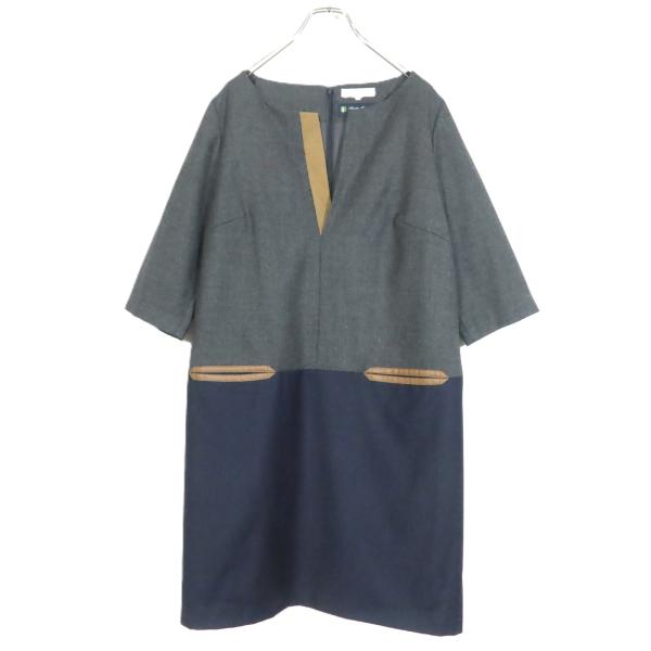 【極美品】自由区★おしゃれなバイカラー♪五分袖ワンピース 大きいサイズ44 グレー系 ウール100の...