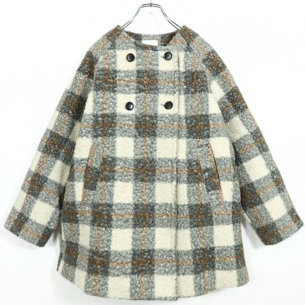 grove グローブ★もこもこ可愛い♪ チェック柄ノーカラーコート サイズL グレー系z17103