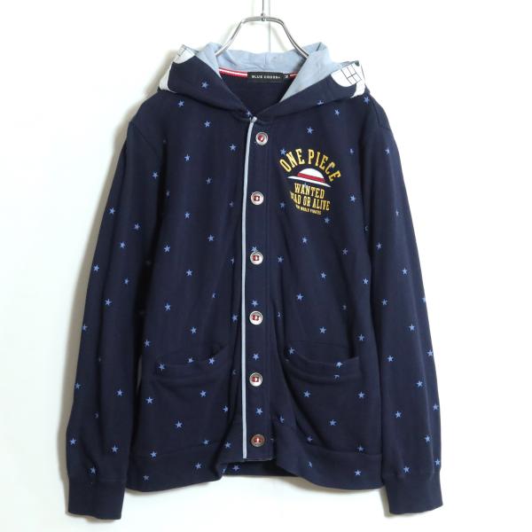 ブルークロス×アニメワンピース★ルフィの麦わら帽子刺しゅう付き！　フェイクボタンのジップアップパーカ...