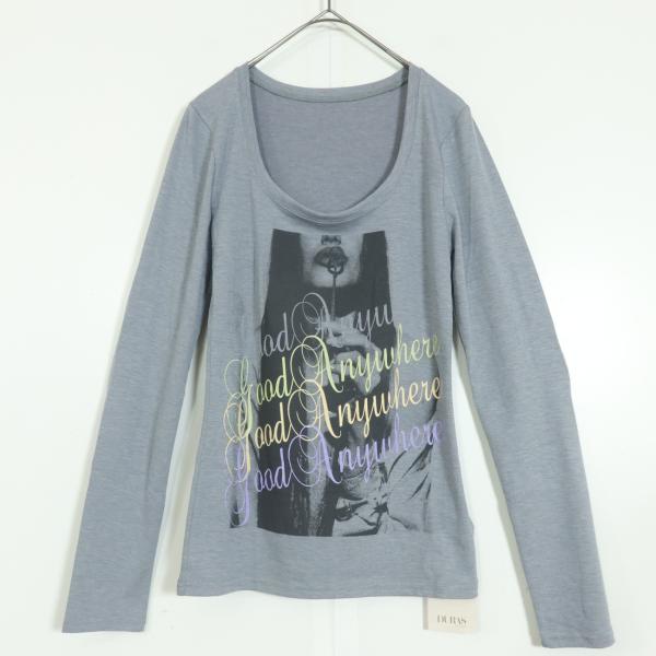 【新品タグ付き】デュラス★長袖Tシャツ　カジュアルクールな英字プリント♪　サイズF　グレー系　b98...