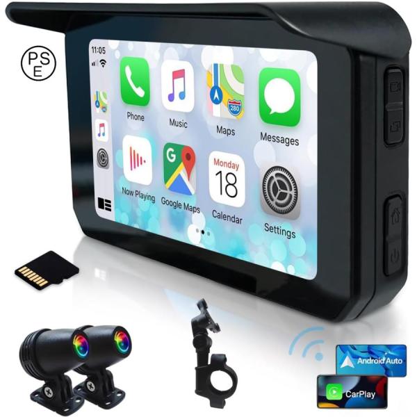 バイク用ナビ ドライブレコーダー CarPlay&amp;Androi Auto 前後カメラ バイク用ドラレ...