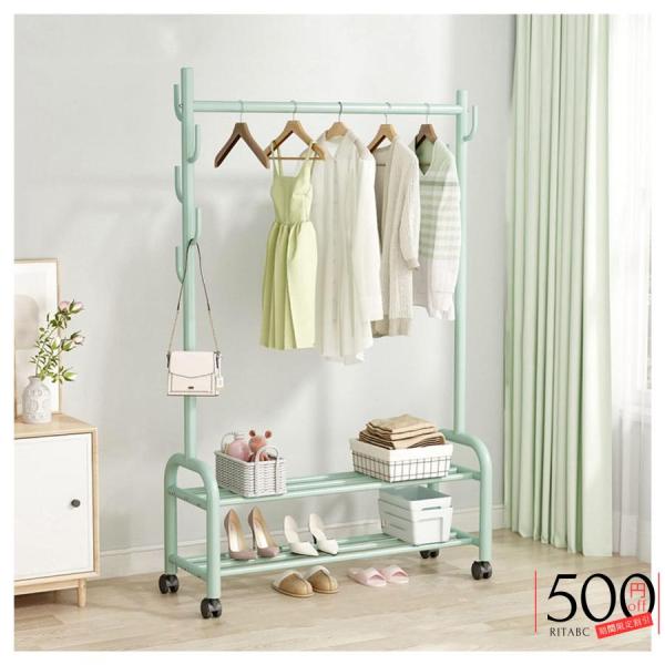 メタルスタンドガーメントラック 4輪付き ヘビーデューティー洋服レール 2段収納棚と7フック付き 最...