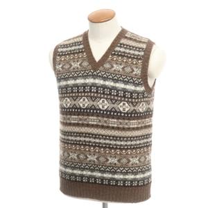 【中古】ジャミーソンズニットウェア Jamieson’s Knitwear ウール Vネック ニットベスト ブラウンxオフホワイト【サイズL】｜ritagliolibro