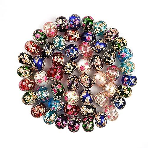 AIPRIDY 50 Pcs 15 x 11 mm Murano大穴銀黄銅芯ガラスビーズヨーロッパジ...