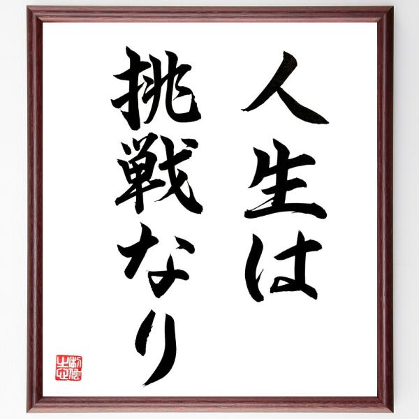 名言「人生は挑戦なり」直筆書道色紙額／直筆済