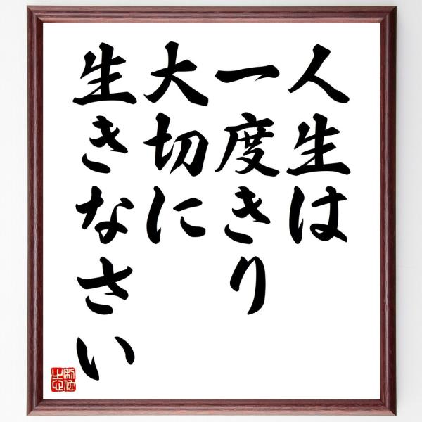 名言「人生は一度きり、大切に生きなさい」毛筆直筆色紙額／受注後制作