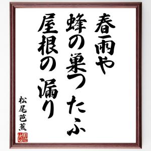 松尾芭蕉の俳句・短歌「春雨や、蜂の巣つたふ、屋根の漏り」額付き書道色紙／受注後直筆