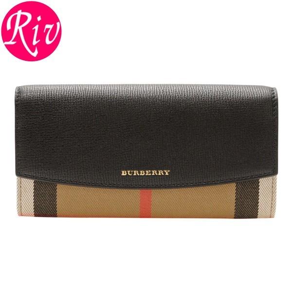 バーバリー 長財布 二つ折り BURBERRY ハウスチェック ブラック コットン グレインカーフレ...