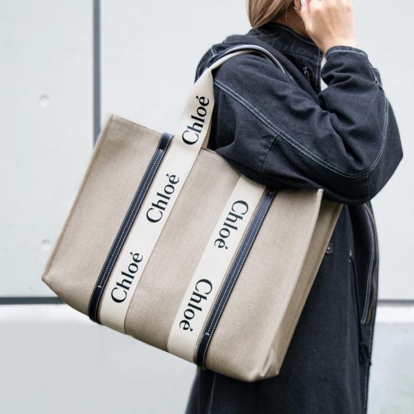 クロエ トートバッグ レディース ウッディ ホワイト×ブルー WOODY LARGE TOTE BA...