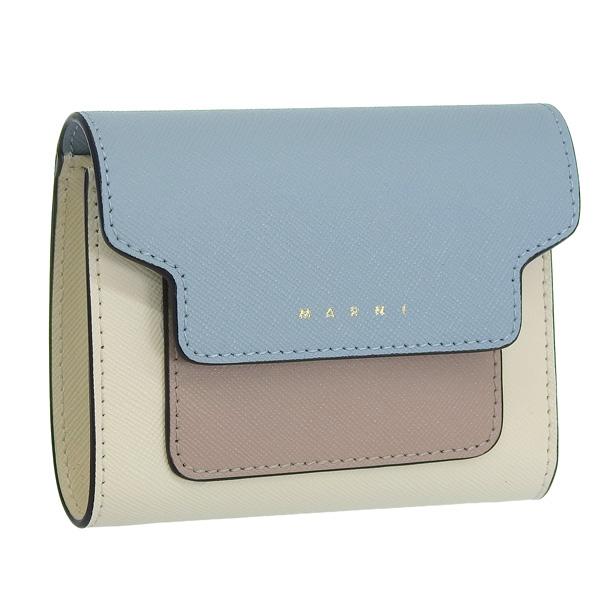 マルニ 財布 レディース 三つ折り財布 ミニ財布 アクアマリン×ナチュラル×ホワイト PFMO005...
