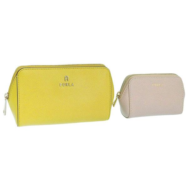 フルラ コスメポーチ 化粧ポーチ レディース 2個セット アウトレット レザー イエロー ベージュ ...