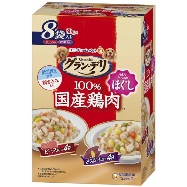 【ユニチャーム】グランデリ　１００％国産鶏肉パウチ　成犬用　ビーフ入り＆さつまいも入り　８０ｇｘ８袋...