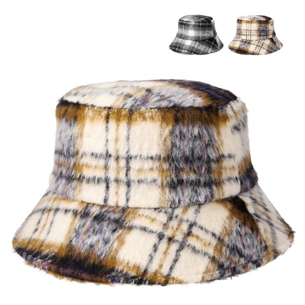 シャギーチェック 抗菌 消臭 ハット 小顔 折りたたみ バケットハット 保温 帽子 レディース フリ...