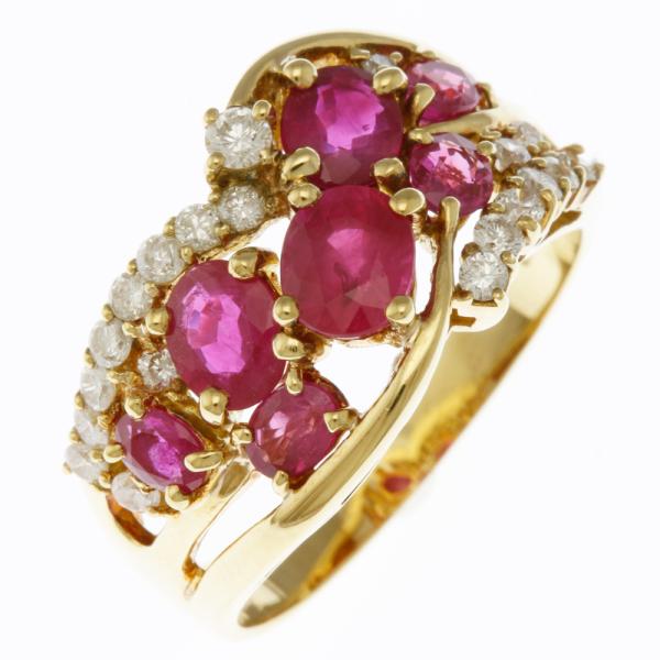 リング 指輪 14号 18金 K18イエローゴールド ルビー 1.92ct ダイヤモンド 0.38c...