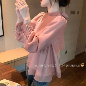 レディースブラウス春秋40代長袖トップスオシャレブラウス白シフォンシャツパフスリーブおしゃれリボンオフィス通学通勤シャツ30代