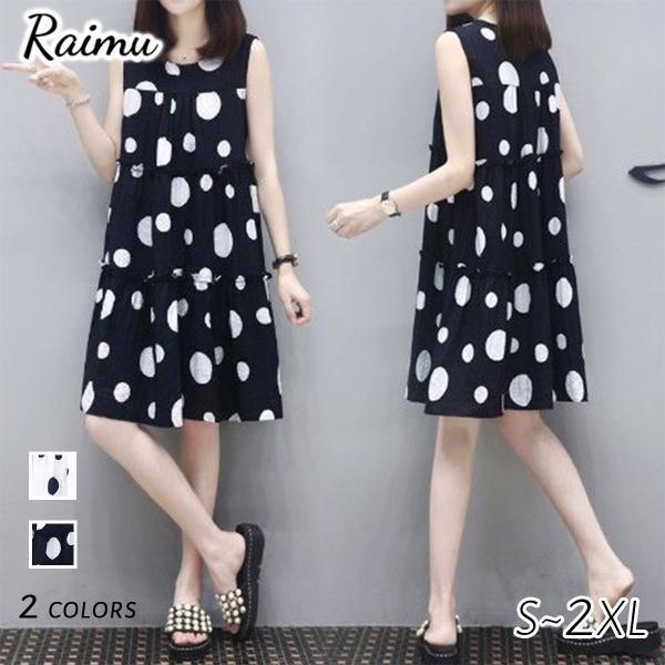 ワンピース 袖なし フレンチ夏 カジュアル ワンピ 韓国 ファッションドットノースリーブ フレンチ ...