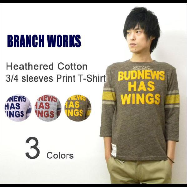 BRANCH WORKS（ブランチワークス） 杢コットン ７分袖プリントTシャツ フロッキープリント...