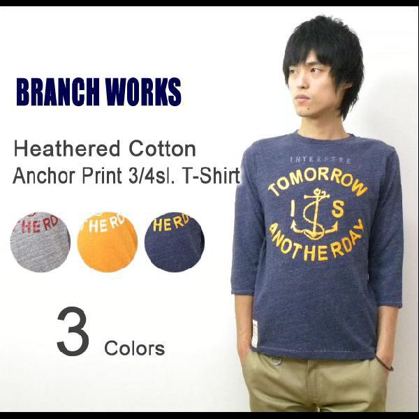 BRANCH WORKS（ブランチワークス） 杢コットン ７分袖 アンカープリントTシャツ 霜降り ...