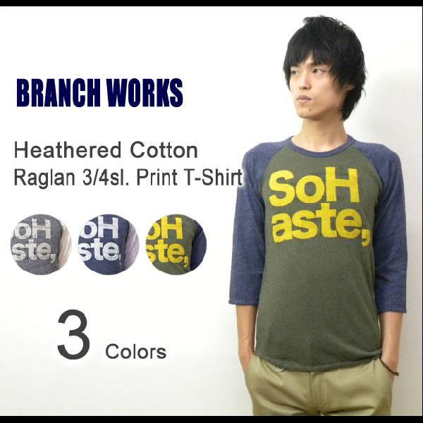 BRANCH WORKS（ブランチワークス） 杢コットン ７分袖 ラグラン プリントTシャツ 霜降り...