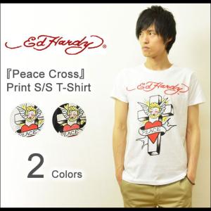 Ed Hardy（エドハーディー） Peace Cross 半袖Tシャツ メンズ タイトTシャツ 十字架 ロック 天使 ヴィンテージタトゥー ハート 日本 正規ライセンス EDT011｜robinjeansbug