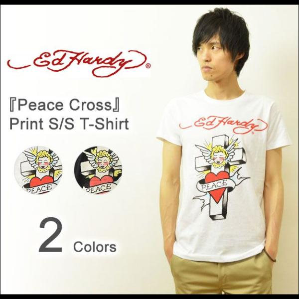 Ed Hardy（エドハーディー） Peace Cross 半袖Tシャツ メンズ タイトTシャツ 十...