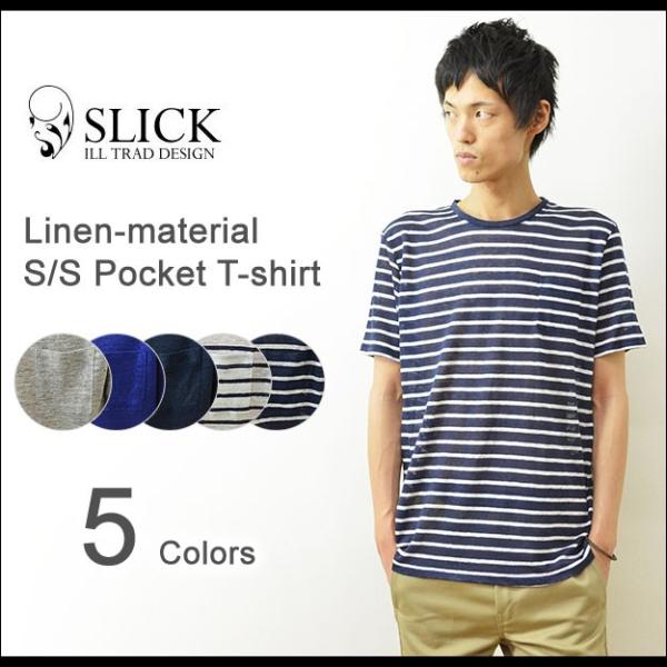 Slick（スリック） リネン ポケットTシャツ メンズ 半袖 ボーダー 無地 麻 夏 カットソー ...