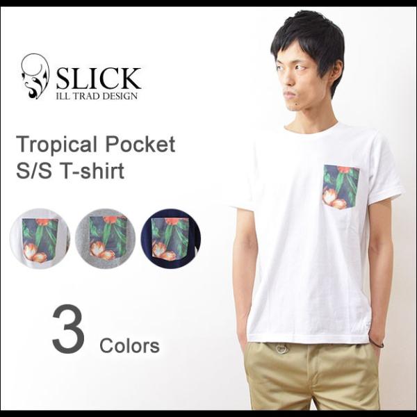 Slick（スリック） トロピカル 柄ポケット Tシャツ メンズ 半袖 ポケT カットソー フラワー...