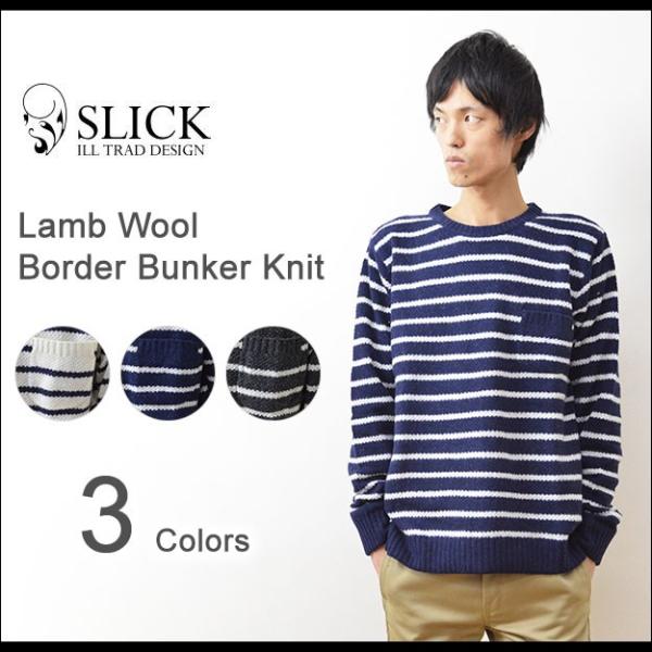 Slick（スリック） ボーダー柄 クルーネックニット メンズ セーター シンプル 胸ポケット ベー...