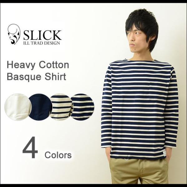 Slick（スリック） ヘビーコットン バスクシャツ メンズ ボーダー ポケットTシャツ 無地 ポケ...