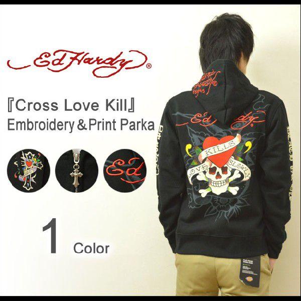 Ed Hardy（エドハーディー） Cross Love Kill 刺繍 プリント ジップパーカー ...
