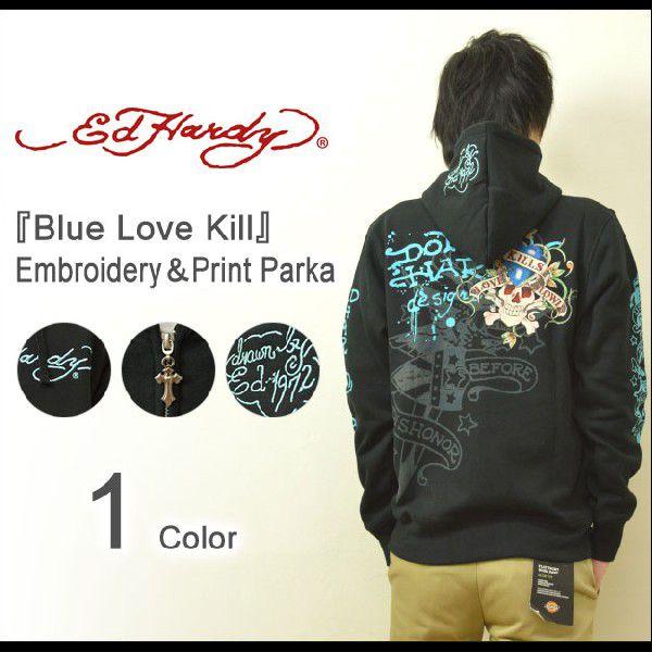 Ed Hardy（エドハーディー） Blue Love Kill 刺繍 プリント ジップパーカー ラ...