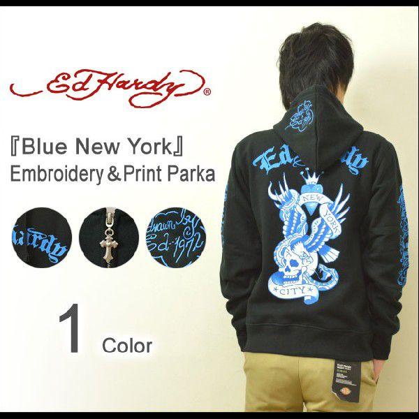 Ed Hardy（エドハーディー） Blue New York 刺繍 プリント ジップパーカー ブル...
