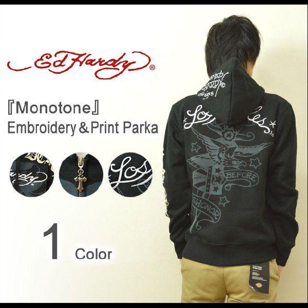 Ed Hardy（エドハーディー） Monotone 刺繍 プリント ジップパーカー モノトーン フ...