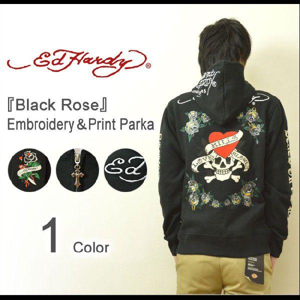 Ed Hardy（エドハーディー） Black Rose 刺繍 プリント ジップパーカー ブラック ...