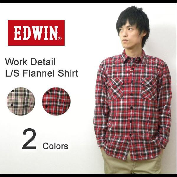 EDWIN（エドウィン） チェック柄フランネル素材 ワークディテールシャツ 長袖 ネルシャツ 大人の...