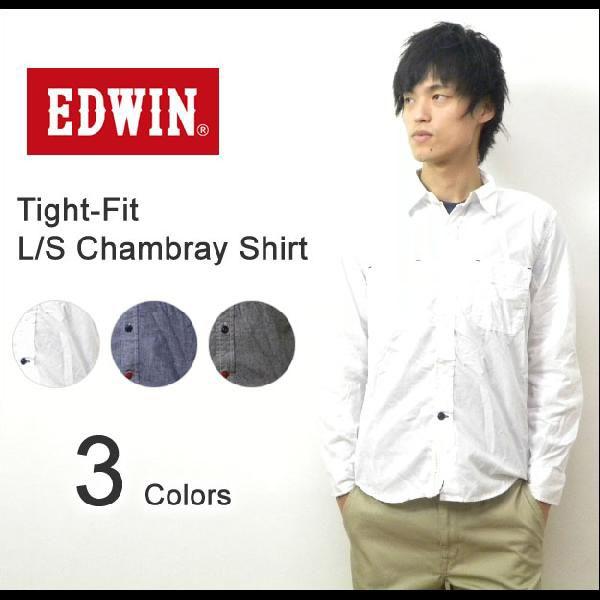 EDWIN（エドウィン） シワ加工シャンブレー素材 ワークディテールシャツ 長袖 シャンブレーシャツ...