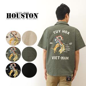 HOUSTON ヒューストン コットン リネン 刺繍 アーミー シャツ ベトシャツ メンズ 半袖 ビッグシルエット オーバーサイズ 虎 福 トラ 大きい サイズ XL 41041｜robinjeansbug